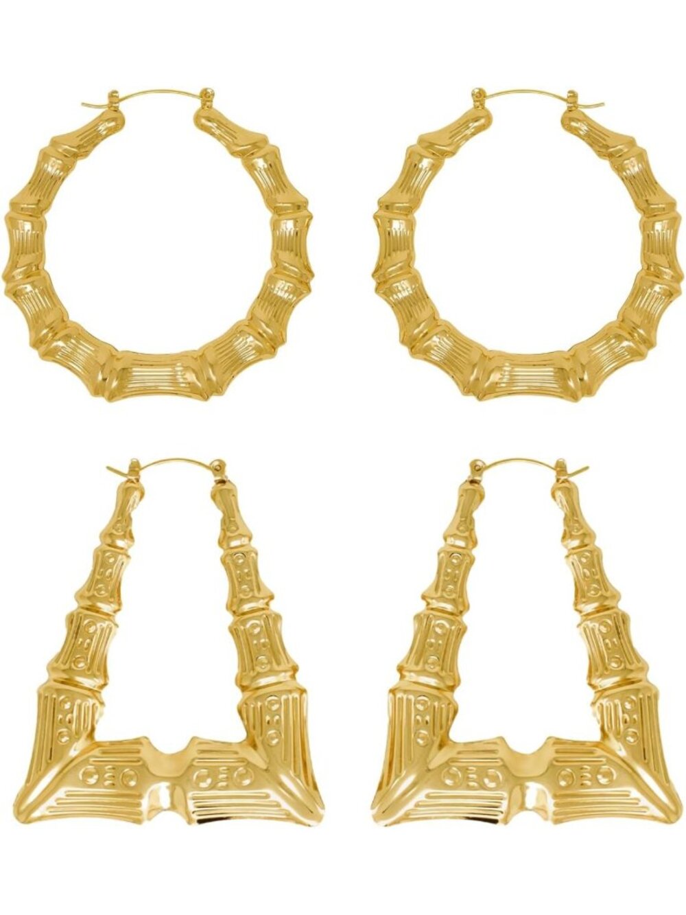 Gold Plated Bamboo Hoop Earrings - 2 Pairs Large Round & Triangle Designs